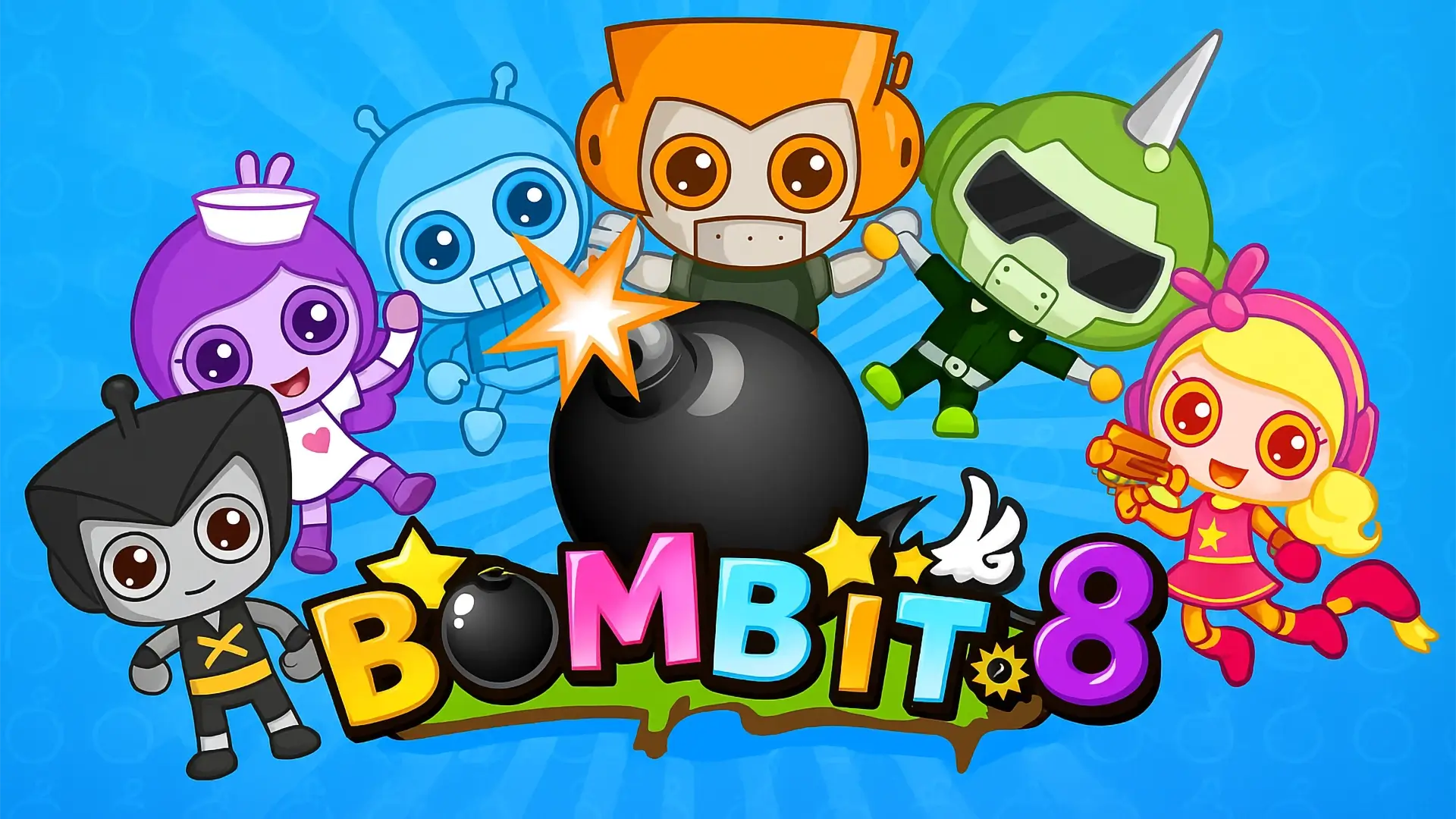 A chaotic battle scene from the Bomb It 8 game, showing multiple characters placing bombs and running from explosions in a colorful maze.