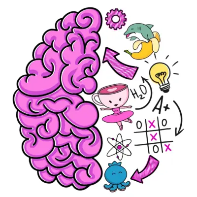 A collage of several funny and tricky puzzles from the Brain Test: Tricky Puzzles game.