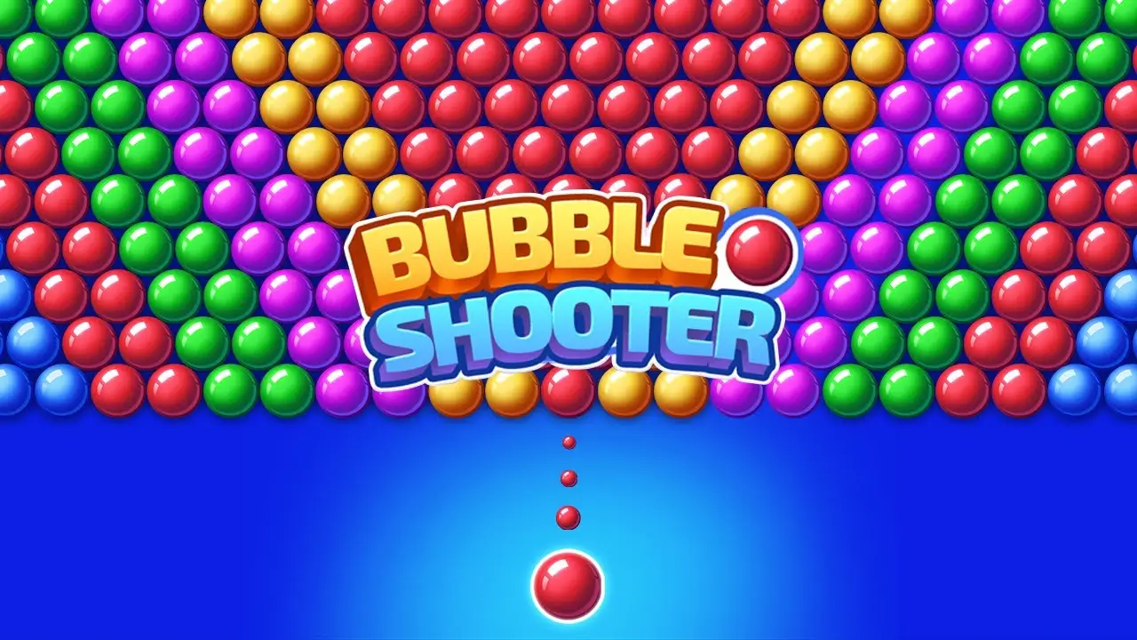 The classic game board of Bubble Shooter, showing the arrow pointer aiming a colorful bubble at the main cluster.