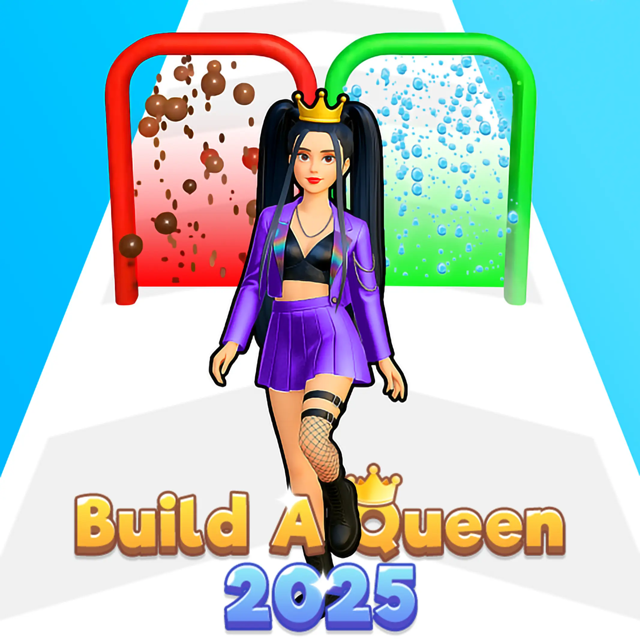 A beautifully styled character from the Build A Queen game, walking the runway in a stunning outfit.