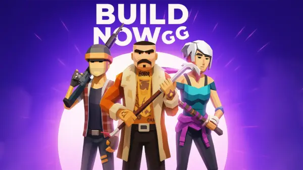 Three stylized fighters posing with weapons under the Build Now GG logo.