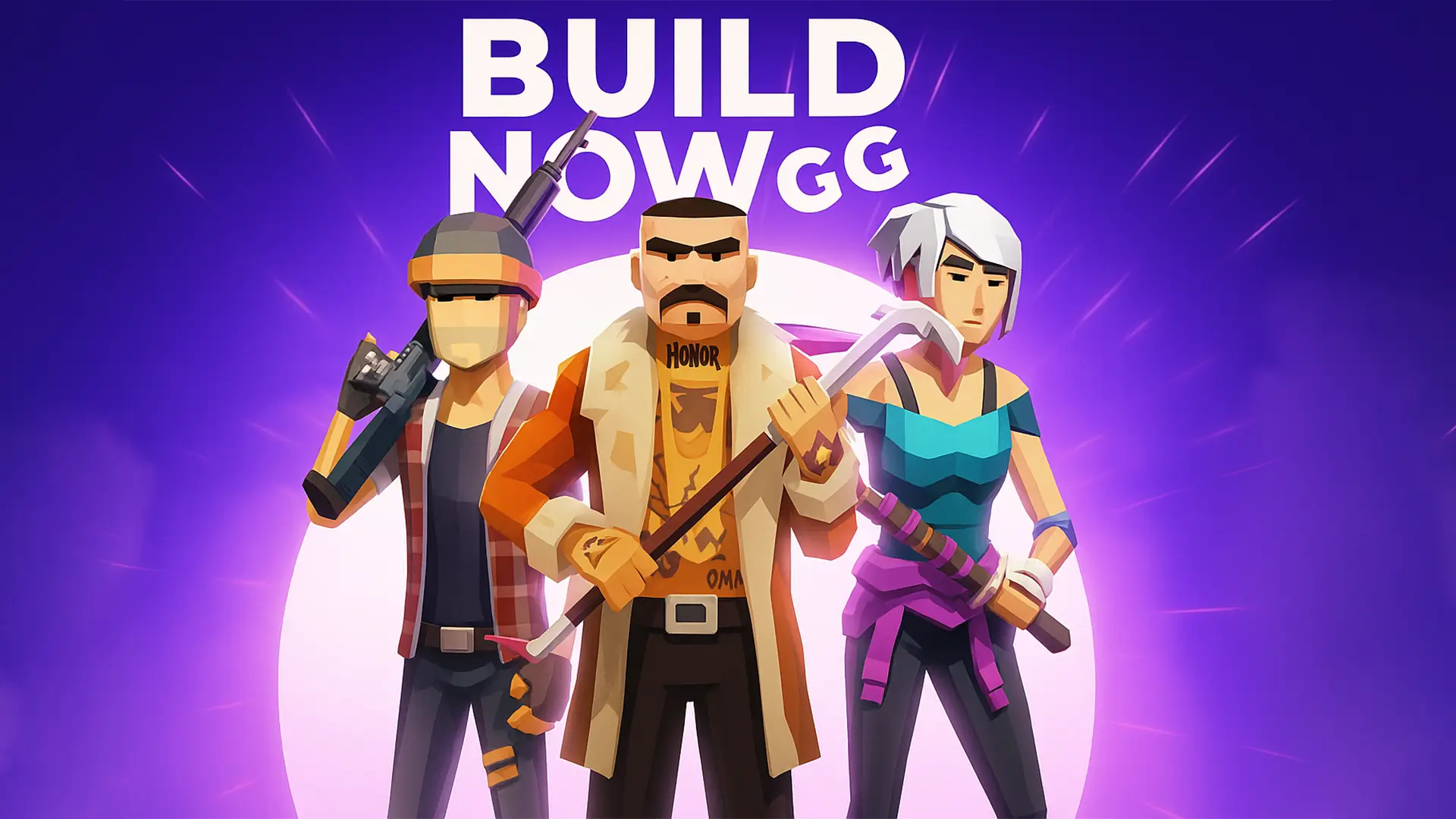 Three stylized fighters posing with weapons under the Build Now GG logo.