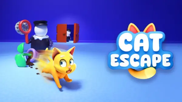 A cute, customizable cat from the Cat Escape game, sneaking past a security guard in a colorful room.