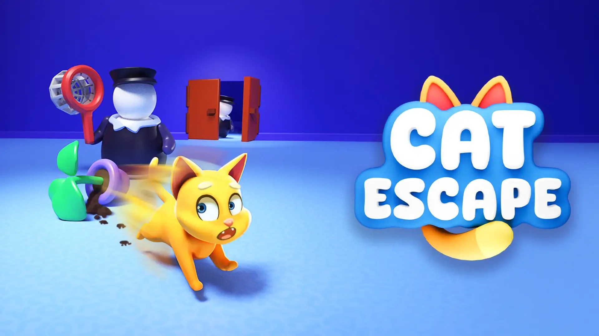 A cute, customizable cat from the Cat Escape game, sneaking past a security guard in a colorful room.
