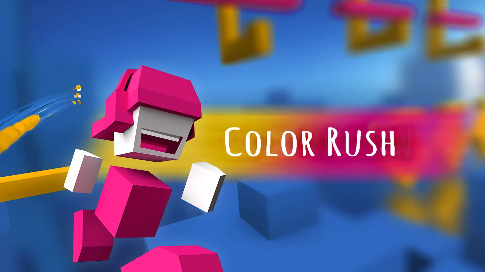 A character in the Color Rush game in mid-air, about to switch colors to match the upcoming platform.