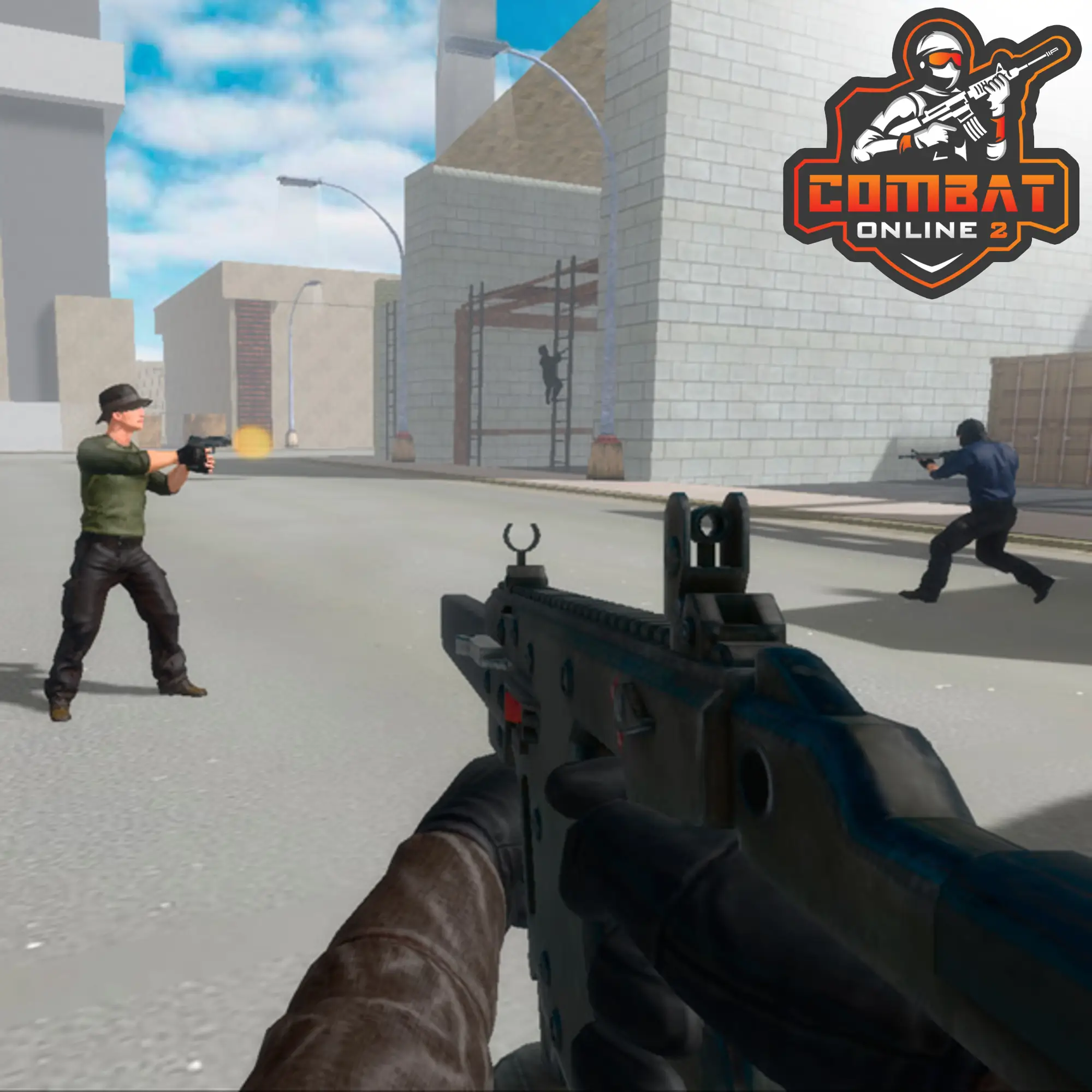 A first-person view from the Combat Online 2 game, showing a player aiming a rifle down a corridor in a competitive match.