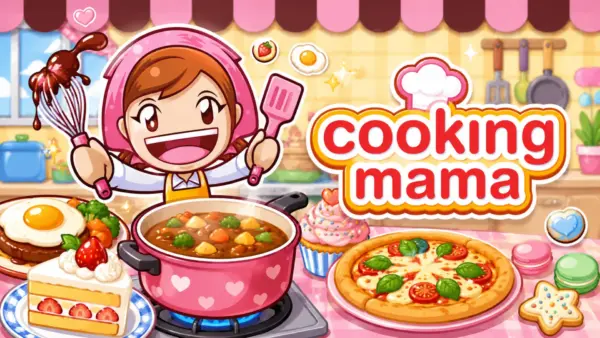 Cooking Mama game cover featuring a cheerful anime-style cook holding kitchen tools in a colorful pastel kitchen, surrounded by delicious homemade food including pizza, curry, cake, cupcakes, and desserts, with bright cartoon graphics and a fun family-friendly cooking game atmosphere.