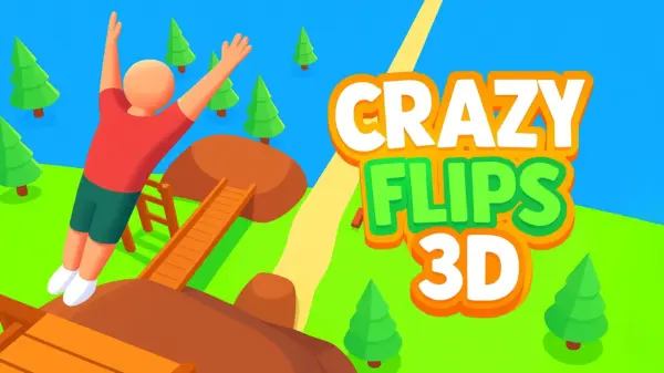 A character from the Crazy Flips 3D game in the middle of a spectacular backflip between two high platforms.