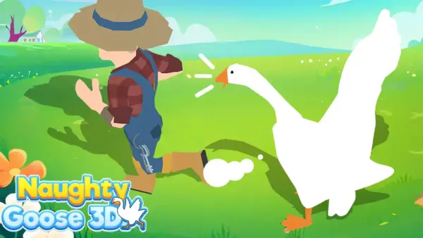 A mischievous goose from the Crazy Goose Simulator game, honking as it runs away with a stolen item.