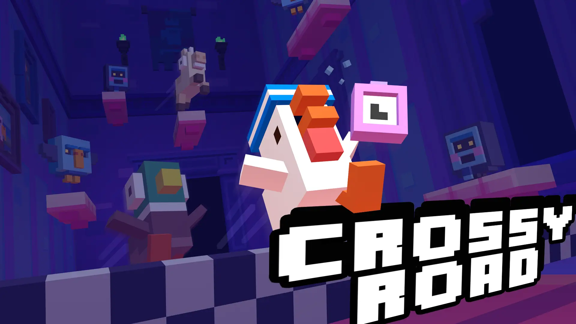 The iconic chicken character from the Crossy Road game, hopping across a busy, multi-lane highway.