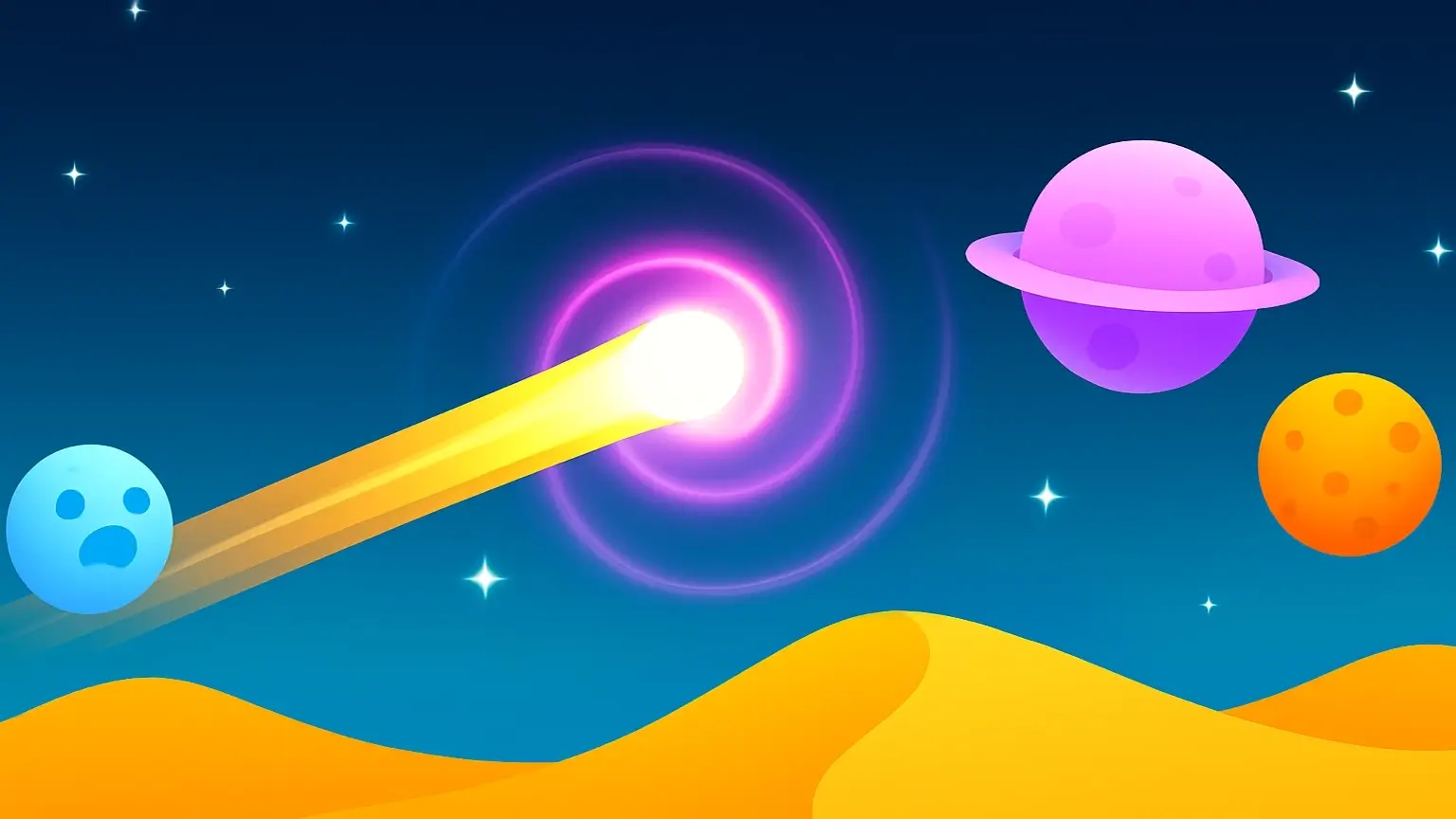 Curve Rush gameplay: ball soaring above the skyline, some planets and desert after a perfect launch