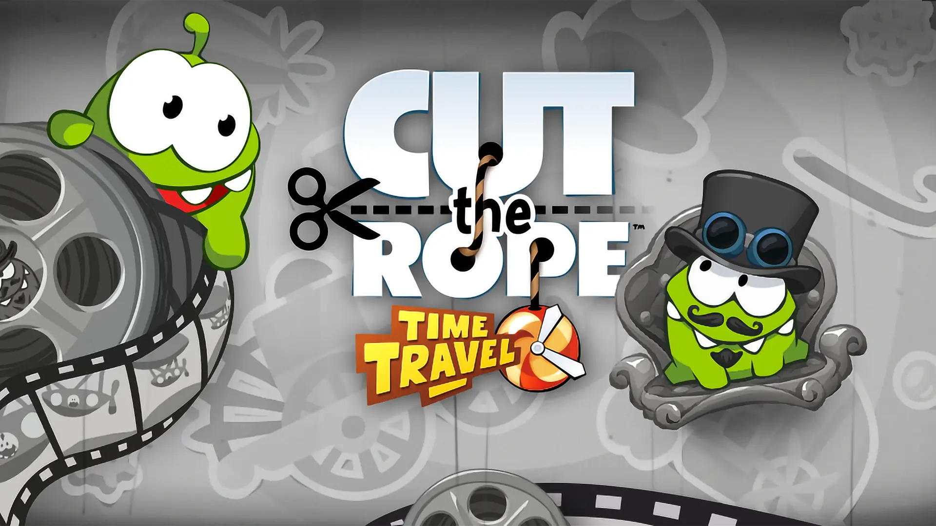 Cut the Rope Time Travel game cover featuring Om Nom and his ancestor in steampunk style.