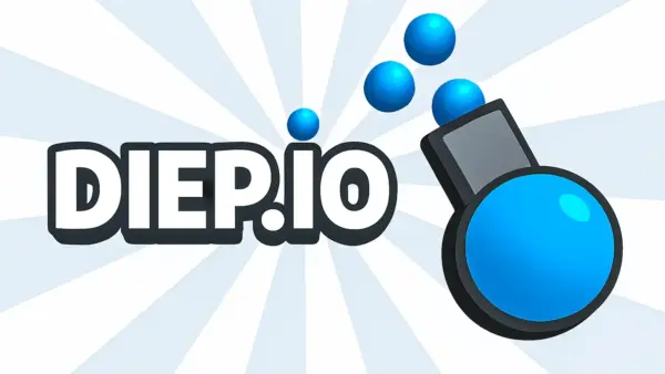 Diep IO logo featuring a blue tank cannon shooting bullets from the .io multiplayer game