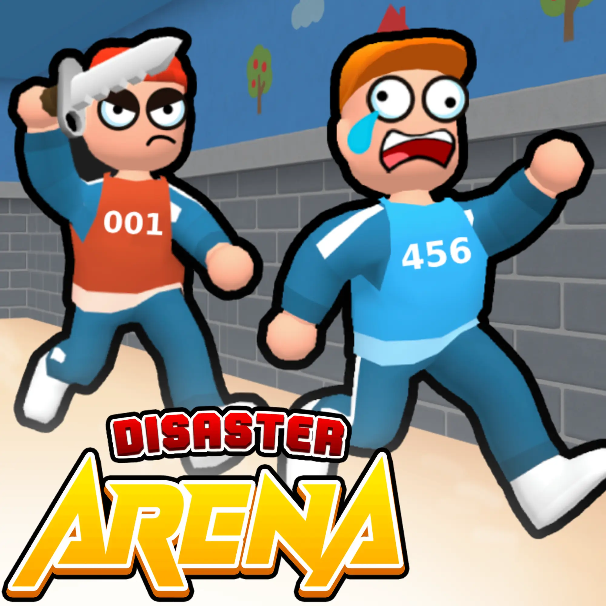 A chaotic scene from the Disaster Arena game, with multiple colorful characters running and jumping to avoid a giant sweeping laser.