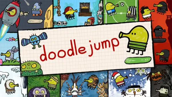 The iconic Doodler character from the Doodle Jump game, bouncing on a green platform high in the sky.