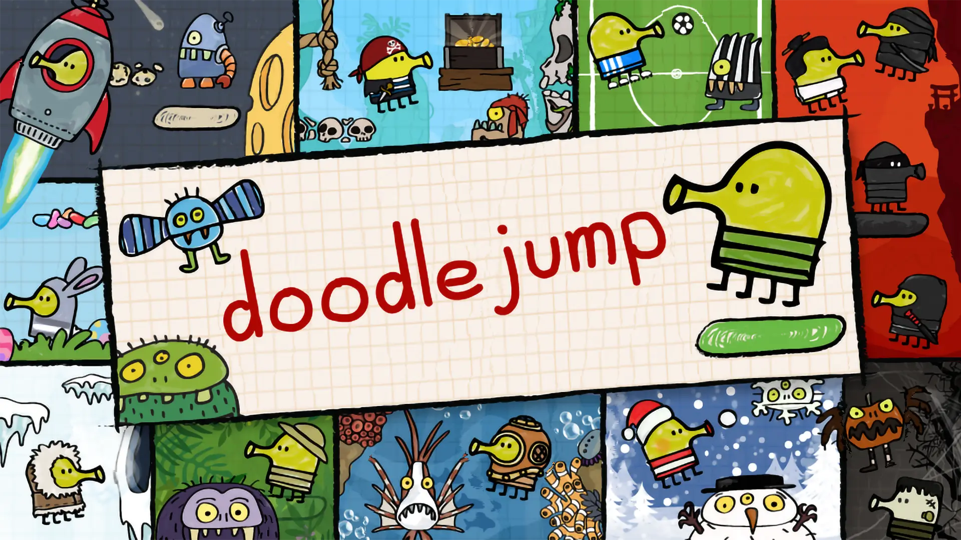 The iconic Doodler character from the Doodle Jump game, bouncing on a green platform high in the sky.