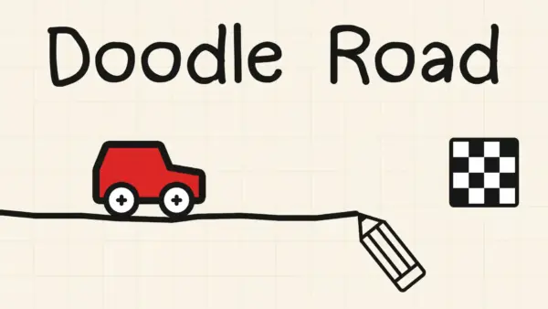 A player drawing a creative path for a car to navigate over an obstacle in the Doodle Road game.