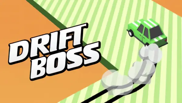A car executing a perfect drift around a sharp 90-degree corner on the floating track in the Drift Boss game.