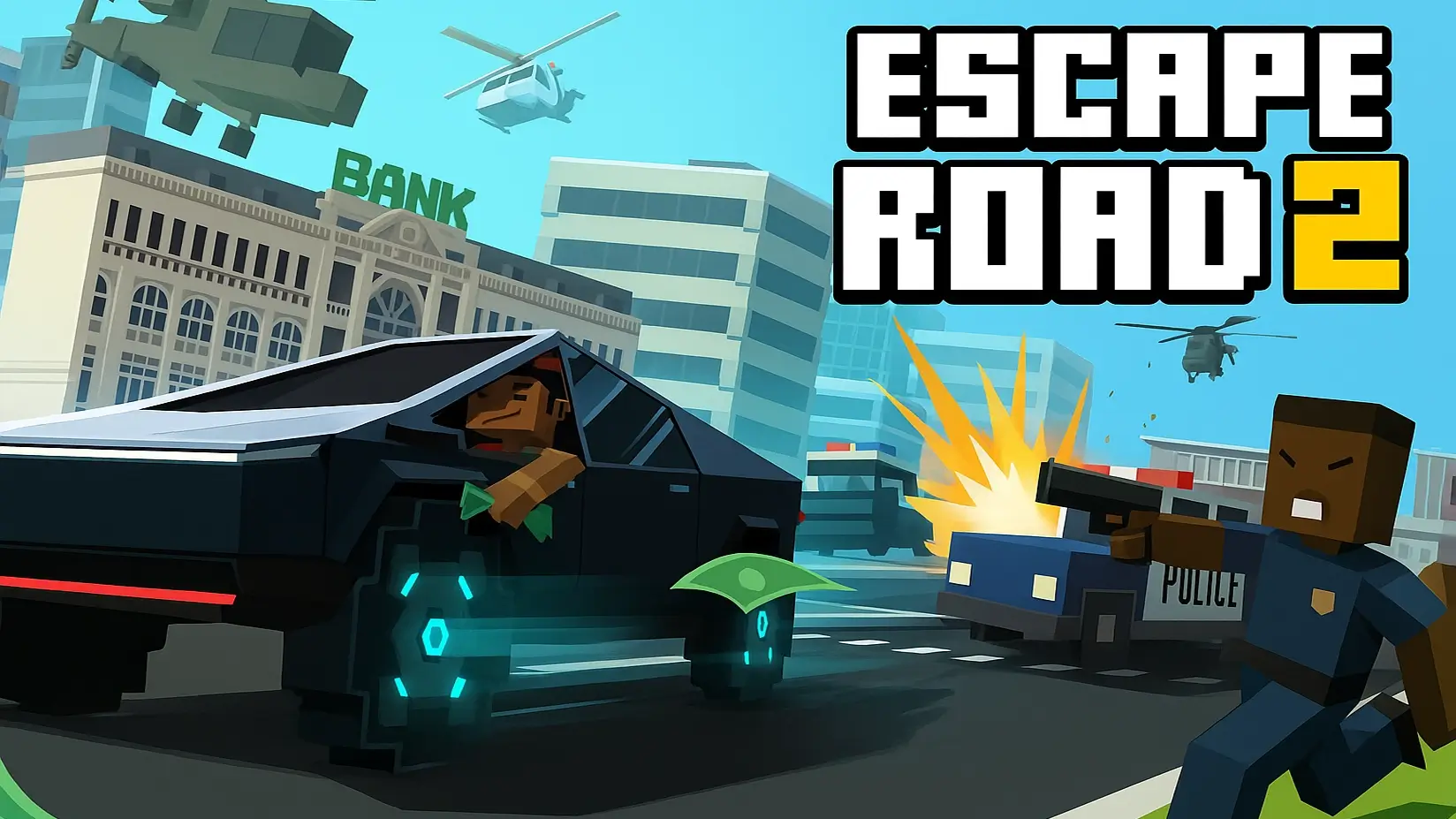 A character from the Escape Road 2 game leaping from a smoking car to a new one, with police cars in hot pursuit.