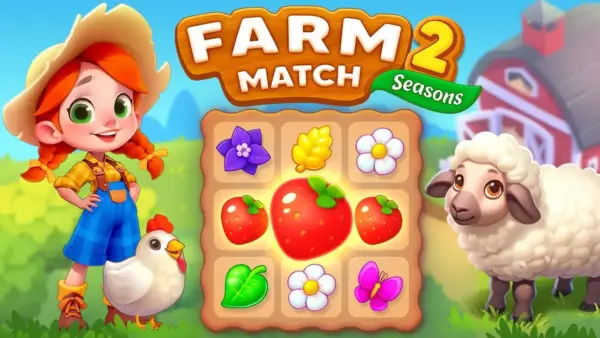 A colorful game board from Farm Match Seasons 2, filled with cute farm-themed icons like carrots, tomatoes, and flowers.