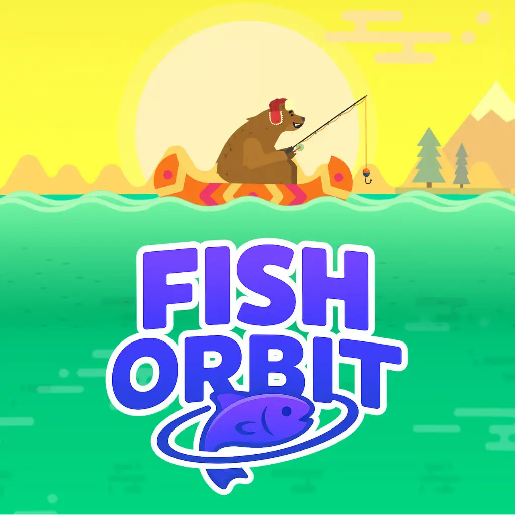 A fishing hook from the Fish Orbit game ascending through a vibrant ocean filled with colorful and exotic fish.