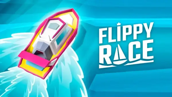 A high-speed water race in the Flippy Race game, with multiple jetskis flying through the air off a massive wave.