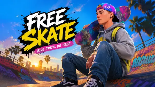 Close up of character skating past cars and obstacles in an urban environment in Free Skate game