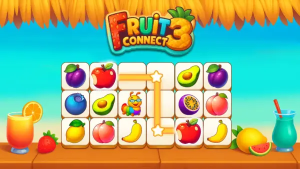 A vibrant game board from Fruit Connect 3, filled with colorful fruit tiles like strawberries, bananas, and grapes.