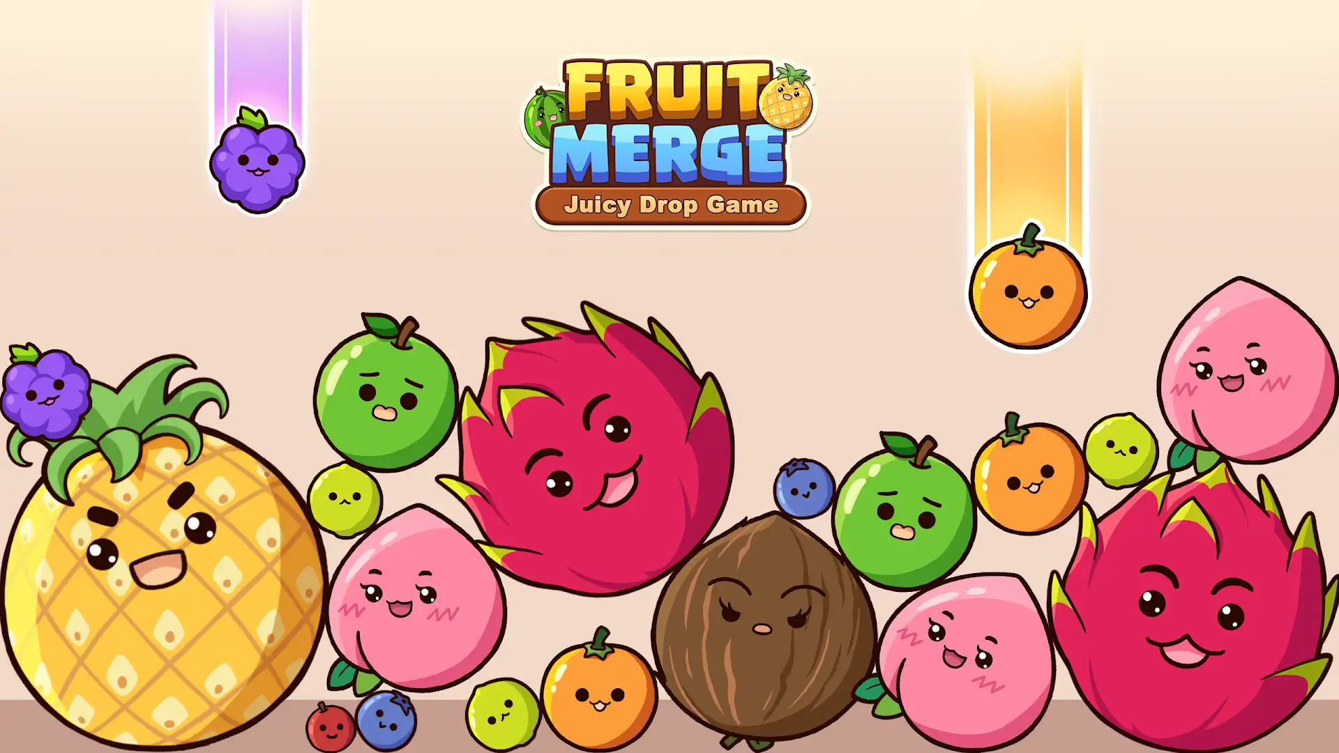 A vibrant container filled with a variety of cute, round fruits from the Fruit Merge game.