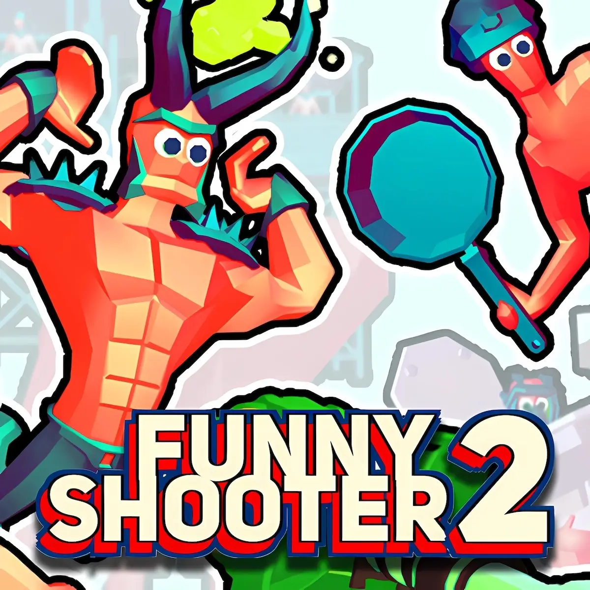 Funny Shooter 2 cover showing the player facing off against a giant, bizarre boss enemy.