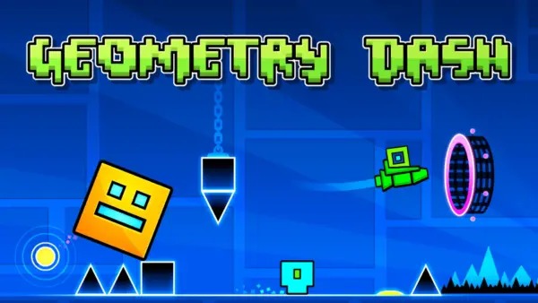 The iconic cube from Geometry Dash Unblocked in mid-air, jumping over a series of deadly spikes in a colorful neon level.