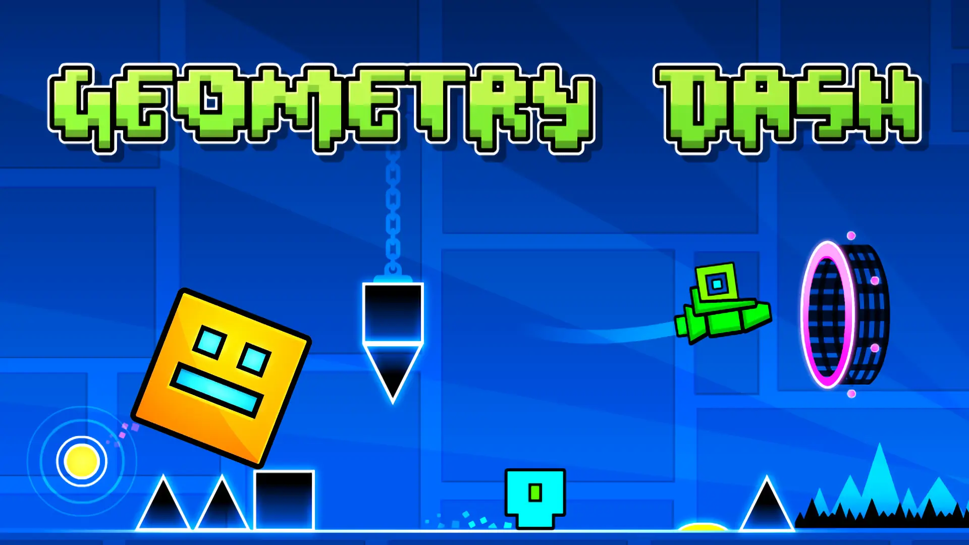 The iconic cube from Geometry Dash Unblocked in mid-air, jumping over a series of deadly spikes in a colorful neon level.