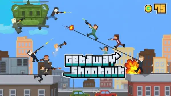 A chaotic race scene from the Getaway Shootout game, with four ragdoll characters jumping and shooting at each other.