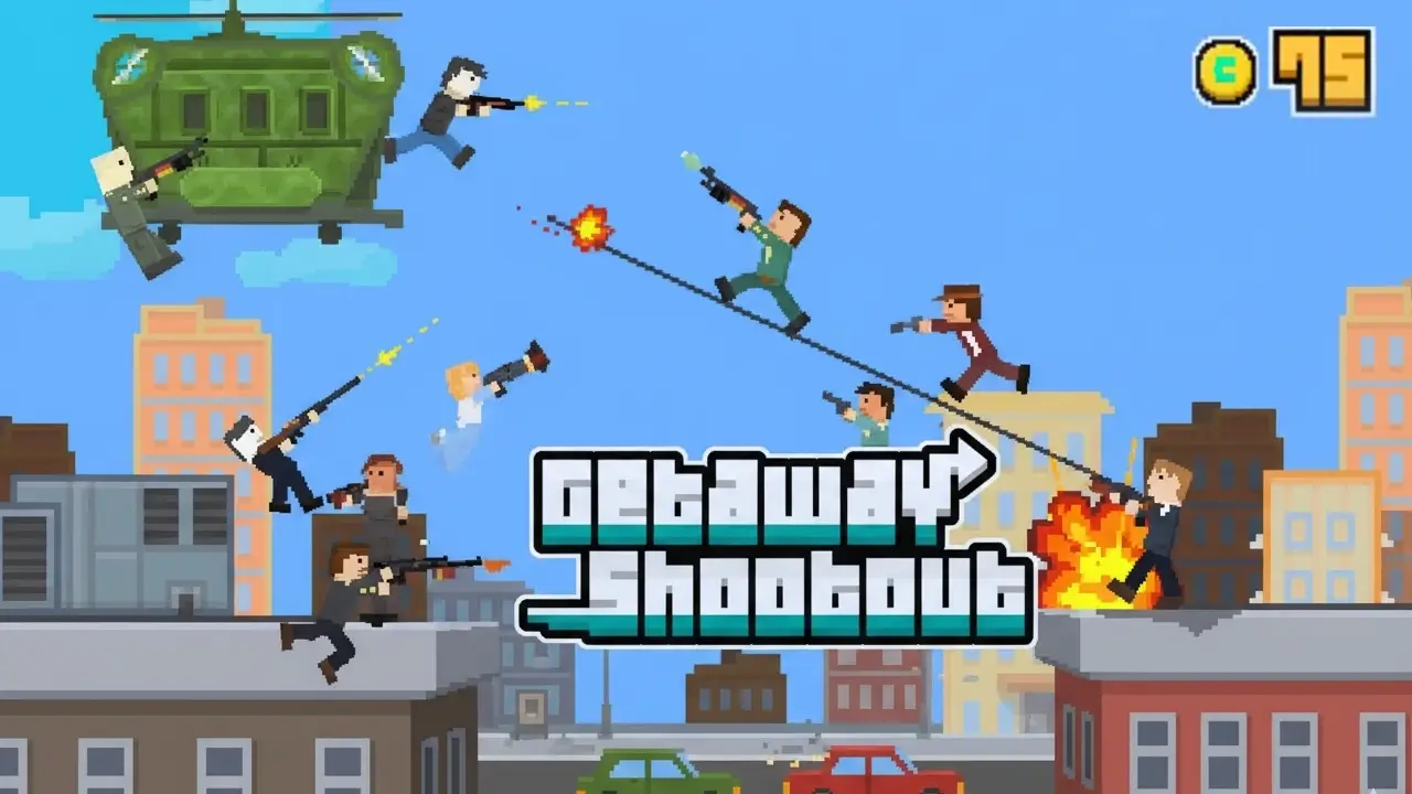 A chaotic race scene from the Getaway Shootout game, with four ragdoll characters jumping and shooting at each other.