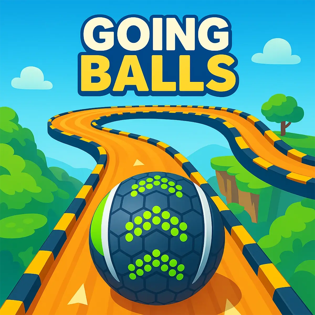 A colorful ball rolling down a tricky wooden track high in the sky in the Going Balls game.