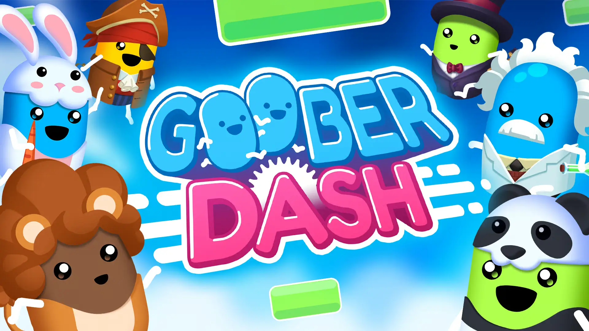 A group of colorful, customized Goober characters racing chaotically through an obstacle course in Goober Dash game.