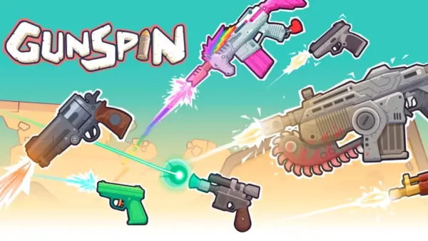 A powerful gun spinning through the air after being fired, with ammo boxes and coins in the background, in the GunSpin game.