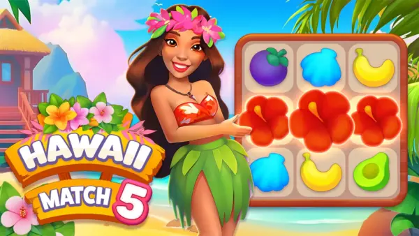 A vibrant and colorful game board from Hawaii Match 5, filled with tropical fruits and flowers.