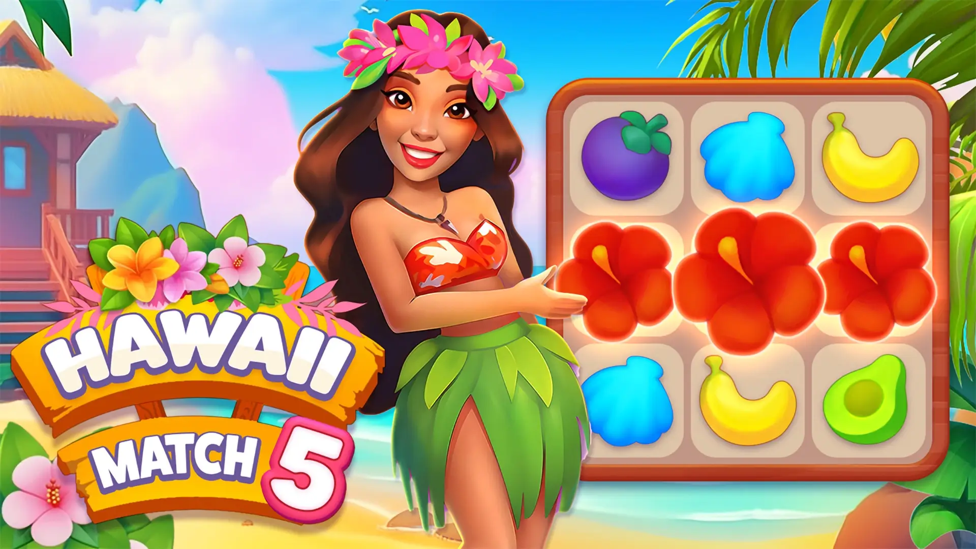 A vibrant and colorful game board from Hawaii Match 5, filled with tropical fruits and flowers.