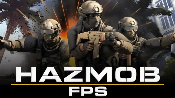 Multiplayer combat scene from Hazmob FPS with customizable weapons.