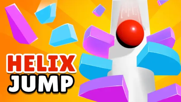 A bouncing ball in the middle of a long drop, about to smash through a platform in fireball mode in the Helix Jump game.