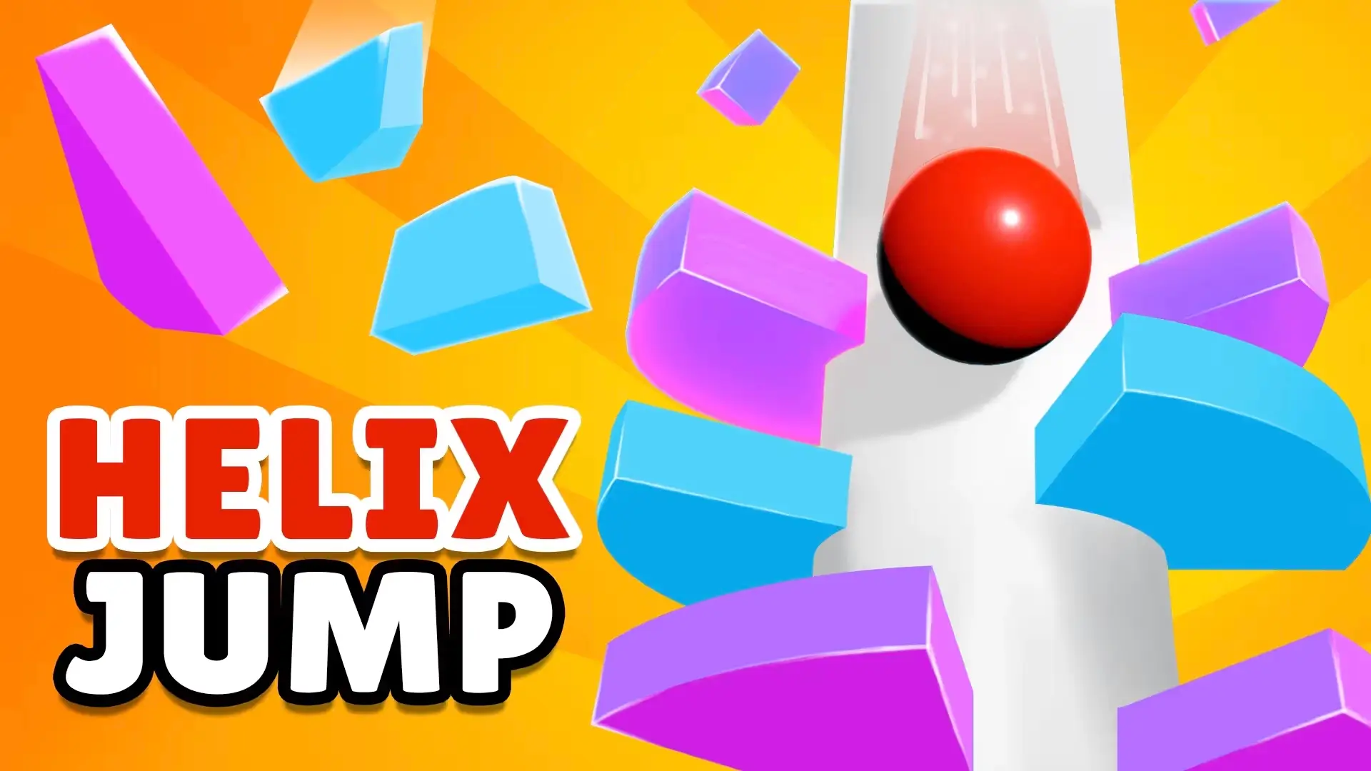 A bouncing ball in the middle of a long drop, about to smash through a platform in fireball mode in the Helix Jump game.