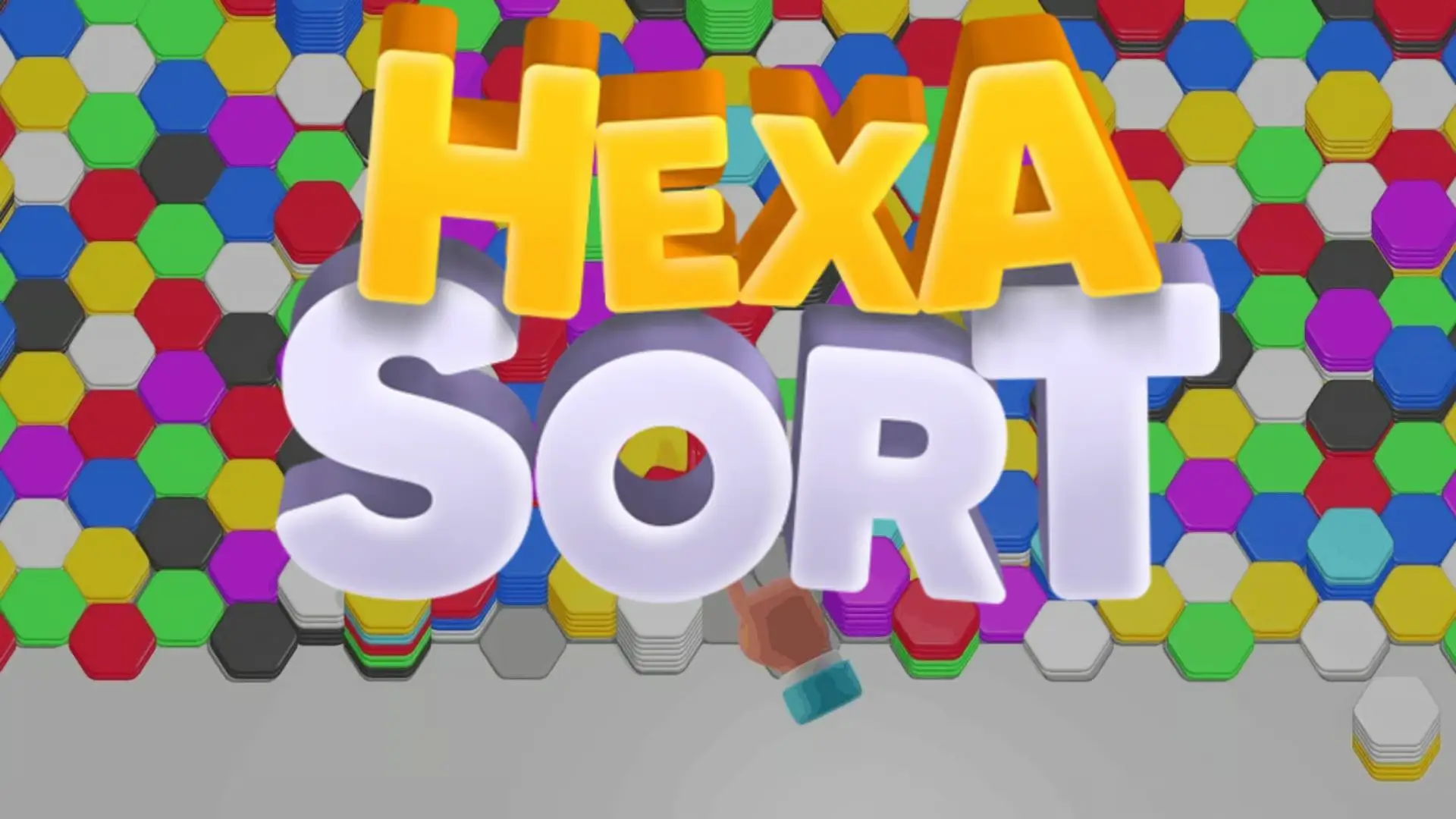 A vibrant and colorful game board from Hexa Sort, showing stacks of hexagonal tiles being sorted.