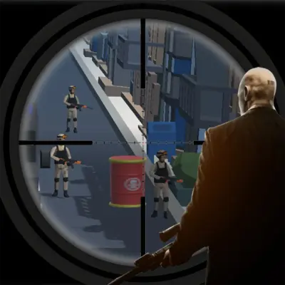 A first-person view through a sniper scope in the Hitman Sniper game, targeting an enemy in a snowy, urban environment.