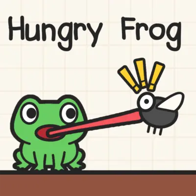 The cute character from the Hungry Frog game, launching its long, sticky tongue to catch a fly in a complex level.