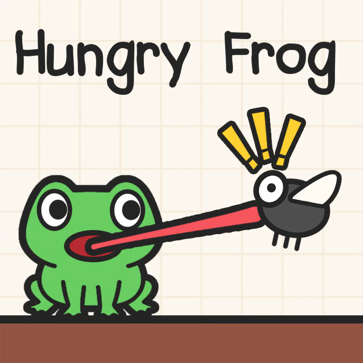 The cute character from the Hungry Frog game, launching its long, sticky tongue to catch a fly in a complex level.