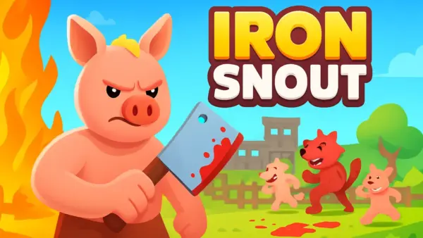 Iron Snout game cover featuring a determined pig wielding a cleaver with wolves in the background and the Snoutfit DLC