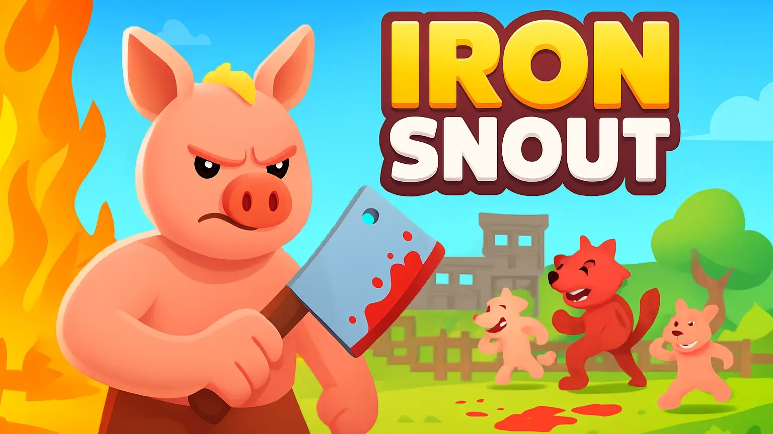 Iron Snout Unblocked game cover featuring a determined pig wielding a cleaver with wolves in the background and the Snoutfit DLC