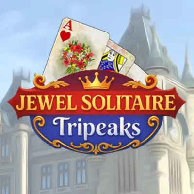 A beautiful game screen from Jewel Solitaire TriPeaks, showing the card layout in front of a majestic, partially built castle.