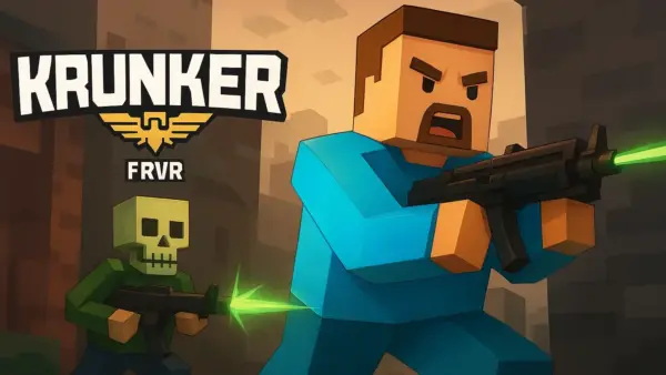 Krunker.io Unblocked game cover showing two characters, one with a green skeleton outfit and the other in blue, holding guns